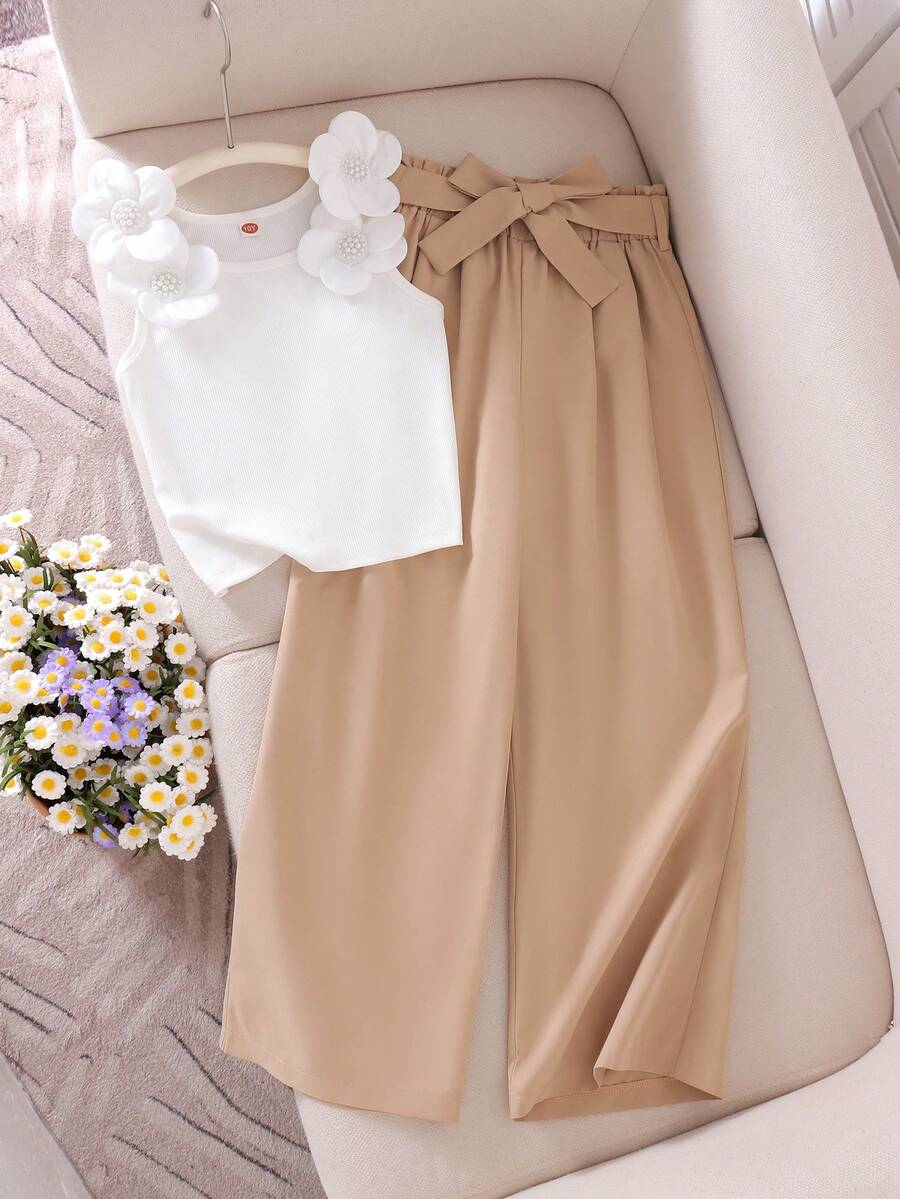 Genkimix Kids Bộ đồ 2 món cho bé gái tuổi teen gồm áo không tay dệt kim họa tiết hoa 5 cánh màu trắng và quần cùng màu, thời trang và phù hợp cho mùa hè. - trắng - Xem 1