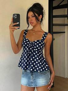 SHEIN Áo hai dây buộc dây, kiểu dáng đơn giản, thoải mái, đa năng, họa tiết chấm bi dễ thương, thích hợp cho đi biển, kỳ nghỉ, trang phục mùa hè cho nữ. - Nhiều màu - Xem 3