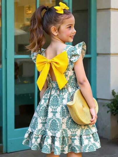 SHEIN Girls' Elegant Floral Print Round Neck Flare Sleeve Hollow Back Bow Decor Waist Ruffle Hem Casual Fashionable Dress, Suitable For Vacation & Travel, Summer