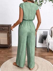 EMERY ROSE Women's Metal Button Half-Placket Wide Leg Casual Jumpsuit - Mint Green - View 2