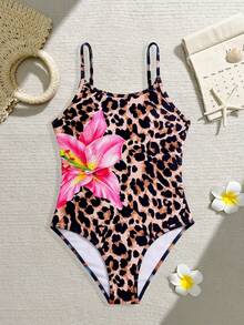 Bộ đồ bơi liền thân họa tiết da báo dành cho bé gái tuổi teen - màu nâu - Xem 1