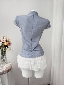Sweetra Plus Size Striped Fashionable Versatile Short Sleeve Fitted Blouse - Blue and White - View 2