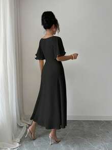 Modelyn Women's Solid Butter Yellow Chiffon Ruffle Sleeve Design Summer French Style Vacation Dress - Black - View 2