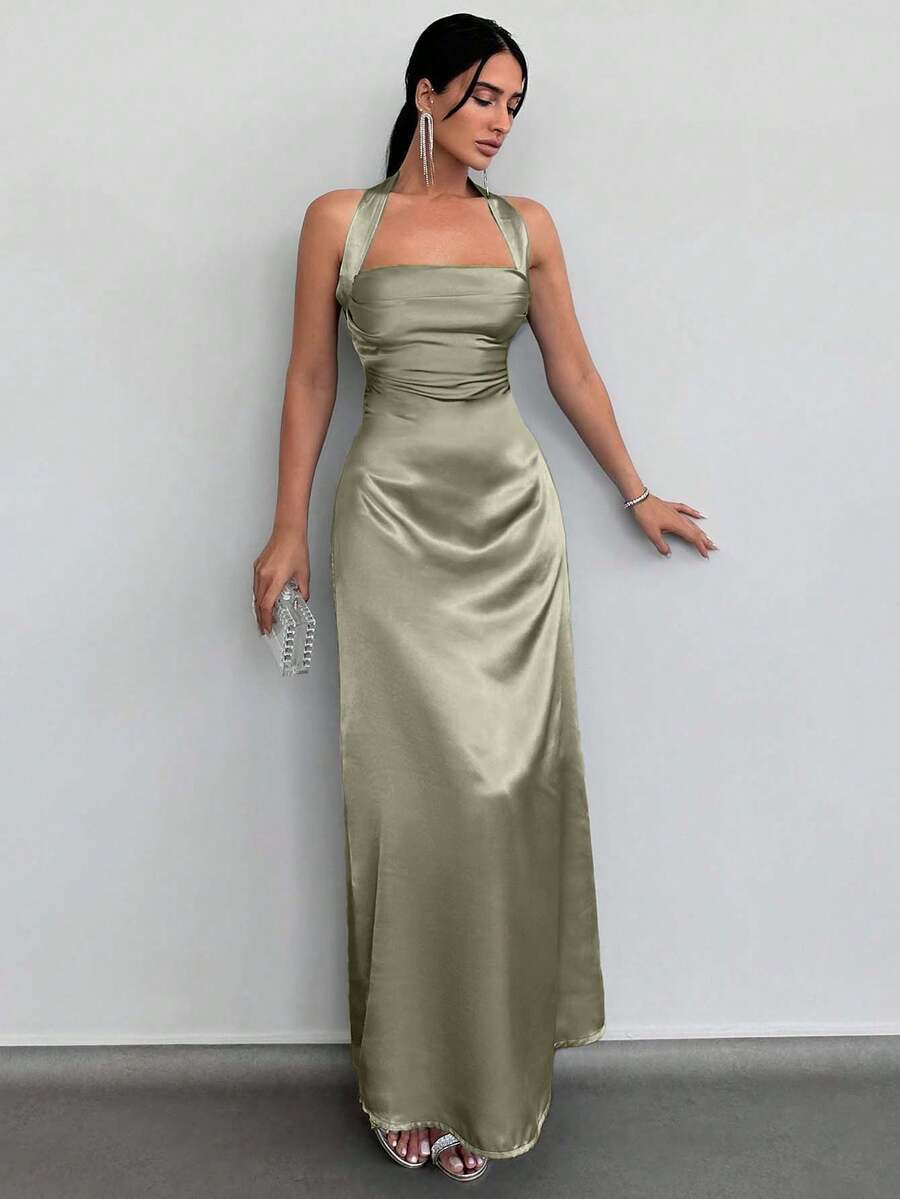 EURMUSE Solid Halter Neck Backless Satin Maxi Dress - Mint Green - View 1