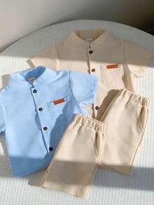 SHEIN 4件套男婴简约时尚皮革拼接短袖上衣和短裤套装，翻领衬衫套装，纯色休闲套装 - 彩色 - 查看 7