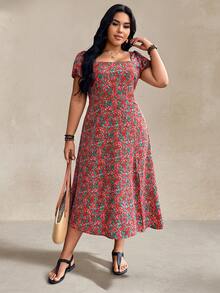 EMERY ROSE Đầm cỡ lớn dáng chữ A đơn giản, xẻ tà bên hông, cổ tròn, trang trí cúc, kiểu dáng thường ngày, thích hợp cho mùa xuân/hè. - Màu be - Xem 4