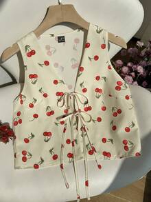 Comfortcana 樱桃印花系带休闲度假衬衫（女士款） - 鵝黃色 - 查看 4