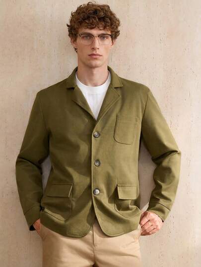 Manfinity CityGents Men's Solid Color Loose Casual Minimalist Blazer With Large Pockets Suit Jackets For Men Men Khaki Suit Men S Cropped Blazer Sport Coat For Men Summeroutfit