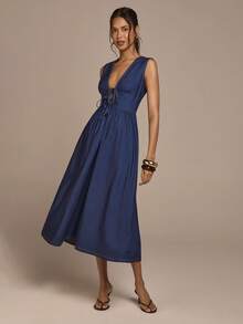 COSMINA Vestido largo azul elegante para mujer, sin mangas, diseño de cuello en V con lazo delantero, vestido de línea A - Azul Marino - Ver 4