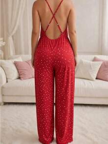 Pijama ,Palatzo enterizo  completo con escote en espalada  y tirantes finos unitalla - Rojo - Ver 3