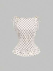 Sweetra Women's Spring/Summer French Elegant Fashion Polka Dot Shoulder Tie Bow Waist Drawstring Casual Commute Versatile Blouse - Apricot - View 1