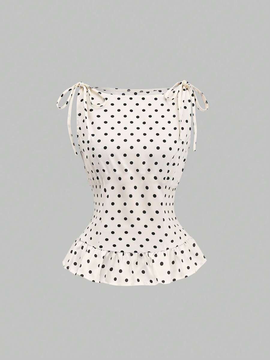 Sweetra Women's Spring/Summer French Elegant Fashion Polka Dot Shoulder Tie Bow Waist Drawstring Casual Commute Versatile Blouse - Apricot - View 1