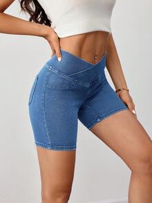 SHEIN Tall 女款牛仔短褲，休閒修身短牛仔褲，適合高個女性 - 淺色水洗藍 - 查看 6