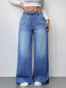 SHEIN Tall 女款休閒高腰寬腿牛仔長褲 藍色，適合高個女性 - 中等水洗藍 - 查看 6