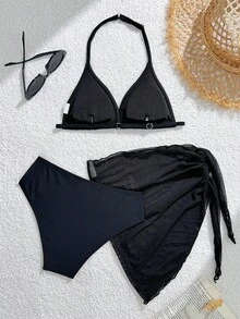 SHEIN 3件套女童/女孩黑色系列泳衣套装，沙滩度假派对，春夏款 - 黑色 - 查看 2