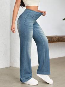 Flexra Women's Casual Washed High Waist Straight Leg Jeans - Blue - View 2