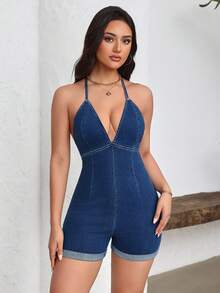 Flexra 女士深V领露背交叉设计性感牛仔连体衣 - 藍色 - 查看 4