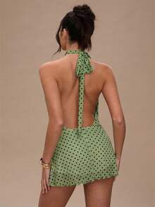 SHEIN BAE Women's Polka Dot Print Fashionable Backless Halter Mini Dress,Summer Dresses For Women - Olive Green - View 2