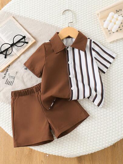 SHEIN Playful Pals 2件套幼儿男童时尚休闲条纹印花短袖衬衫和短裤夏季套装