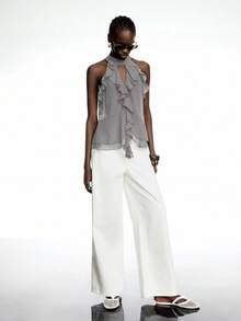 Nueva blusa de gasa con volantes y lazo en la espalda en color verde oliva - Diseño de estilo bohemio para el verano - Gris - Ver 5