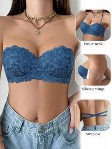 1pc Lace Backless Underwire Bra, Small Bust Enhancing Seamless Strapless Camisole Bra - Blue - View 7
