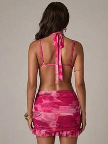 SHEIN BAE Women's Casual Vacation Sexy Halter Plunging Neck Backless Built-In Triangle Cup Paired With Ruffle Hem Mini Dress, Suitable For Beach Vacation, Sisters' Outing, Romantic Vacation, Sexy Bodycon Dress, Floral Print Fuchsia Dress, Music Festival - Hot Pink - View 2