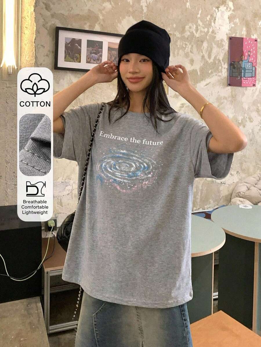 DAZY 女款圓領印花T恤,春夏日常灰色圖案街頭風寬鬆版 - 灰色 - 查看 1