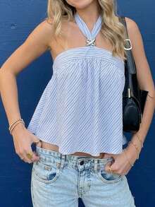 Avantive Women's Blue And White Stripe Knitted Halter Backless Loose Top,Summer Casual Vacation Holiday Outfits,Elegant Sleeveless Beachy Festival Beach Tops - Blue and White - View 2