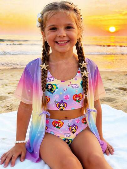 SHEIN Young Girl Summer Fashion Beach Vacation Cute Cartoon Ombre Print Bikini 3-Piece Set With Drawstring Lightweight Coverup