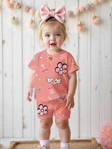 SHEIN LMoss Kids 可爱涂鸦脸花朵爱心印花，女婴休闲宽松圆领短袖T恤和紧身短裤套装，适合春夏假期穿着 - 彩色 - 查看 5