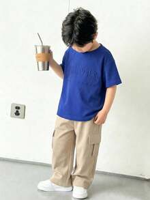 2pcs/Set Young Boys Kids 3D Letter Embossed Round Neck Short Sleeve T-Shirt With Cargo Pocket Contrast Color Pants,Casual Sports Outfit Summer,School - Royal Blue - View 4