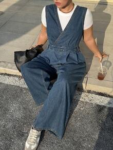 Dazy Plus Plus Size Women Vintage Washed Denim Deep V-Neck Sleeveless Jumpsuit, Spring/Autumn - Dark Wash - View 10