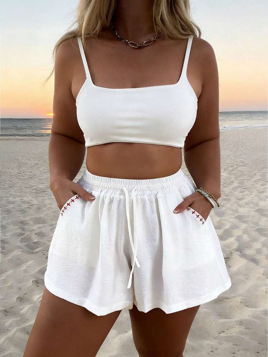 Breezaya Pantalones cortos casuales y sueltos para mujer de talla grande - Blanco - Ver 1