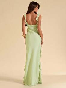 SHEIN BAE Đầm dài màu xanh lá chanh cổ vuông, xếp ly, xẻ tà cao, chất liệu chiffon thanh lịch, thích hợp cho tiệc sinh nhật, phù dâu, khách dự đám cưới, đi nghỉ mát biển, đầm xếp ly. - Màu xanh chanh - Xem 2