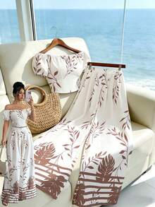 Elenzga Women's Vacation Plant Pattern Off-Shoulder Blouse And Wide-Leg Pants 2 Pieces Set - Apricot - View 7