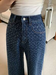 DAZY Women's Casual Loose Straight Leg Jeans With Textured Floral And Striped Pattern, Suitable For Spring And Summer - Navy Blue - View 9