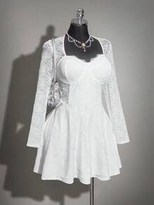 SHEIN ICON 大码甜心领蕾丝露背优雅连衣裙，适合毕业舞会、婚礼宾客、生日派对等场合，白色蕾丝连衣裙 - 白色 - 查看 6