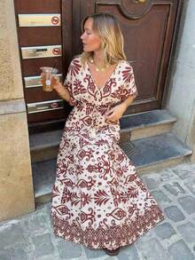 Brillora 女士优雅浪漫度假印花连衣裙，春夏款 - 巧克力棕 - 查看 10