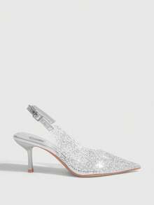 CUCCOO SZL Spitz zulaufende Riemchen High Heel Sandalen, transparent silberne Glas-Strass-Verzierung, formelle Abend- Braut- Hochzeitsfeier Schuhe - Silber - Übersicht 4