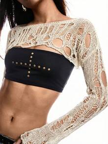 LYSMO Áo len chui đầu dài tay cổ thuyền màu trơn gợi cảm cho nữ - Màu be - Xem 3