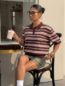 Muchica 棕色条纹女士 Polo 领短袖休闲针织上衣 - 棕色 - 查看 4