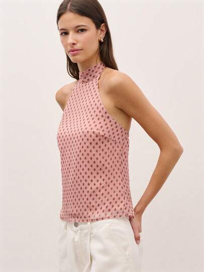 Nöista Halter Top Sleeveless In A Lightweight Woven Fabric With An Allover Dot Motif. Perfect For Day-To-Night Looks, Spring, Music Festival, Music Festival, Holidays Outfit, Beachwear, Women Vacay.