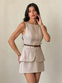 SHEIN Tall Elegant Solid Color Fitted Vest And Short Skirt Suit, Suitable For Daily Commute In Fall/Winter - Beige - View 10