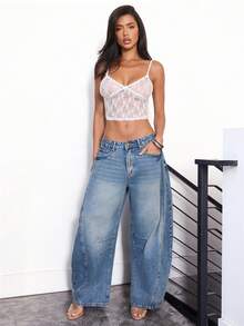Women's Pocket Flared Casual Loose Fit Jeans - Blue - View 3