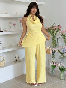 GalTyme 大码夏季休闲纯色露背吊带上衣和裤子两件套 - 鵝黃色 - 查看 8