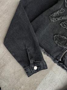 SHEIN Teen Girls Frayed Edge Letter Black Denim Short Loose Long Sleeve Jacket - Black - View 4