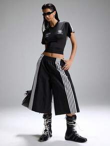 LYSMO 女士弹力腰侧条纹口袋宽松百慕大短裤 - 黑色 - 查看 5