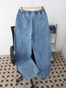 Quần jeans ống đứng thoải mái phong cách vintage Y2K cho bé trai tuổi teen, dễ phối đồ, cạp chun co giãn có dây rút, thiết kế thoải mái, thích hợp mặc hàng ngày và mùa hè xuân. - Rửa trung bình - Xem 2