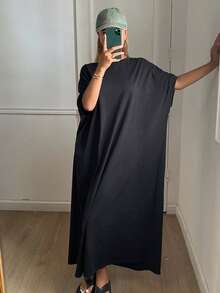 DAZY Women's Round Neck Short Sleeve Loose Long Casual Dress - Black - View 3