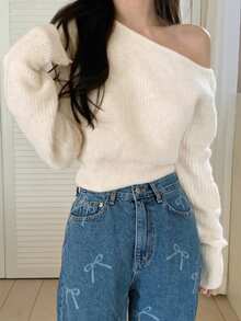 DAZY Women's Solid Color Oblique Shoulder Loose Knit Sweater, Spring And Autumn - Apricot - View 6